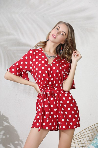 Γυναικεία ολόσωμη φόρμα πουά σε μαύρο και κόκκινο χρώμα