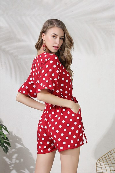 Γυναικεία ολόσωμη φόρμα πουά σε μαύρο και κόκκινο χρώμα