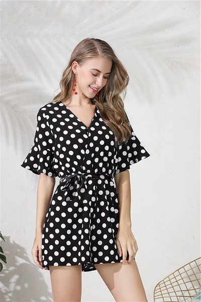 Γυναικεία ολόσωμη φόρμα πουά σε μαύρο και κόκκινο χρώμα