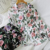 Cămașă modernă de damă cu mâneci lungi și model floral în alb-negru