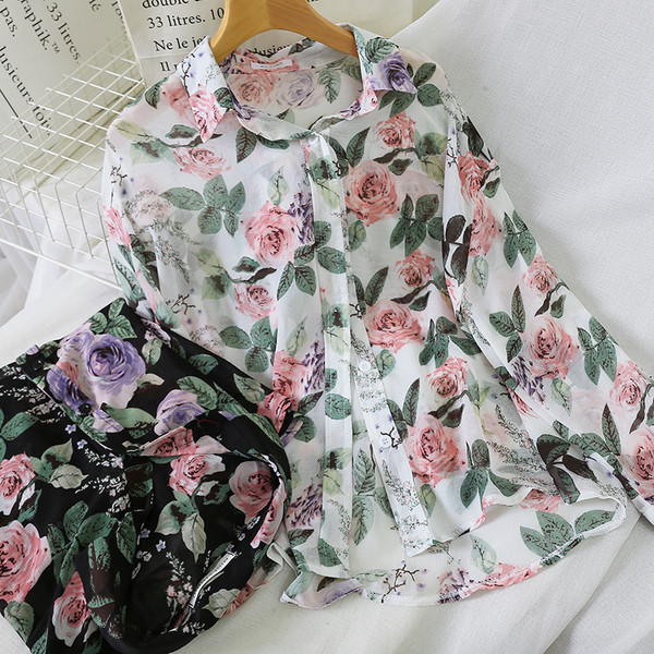 Cămașă modernă de damă cu mâneci lungi și model floral în alb-negru