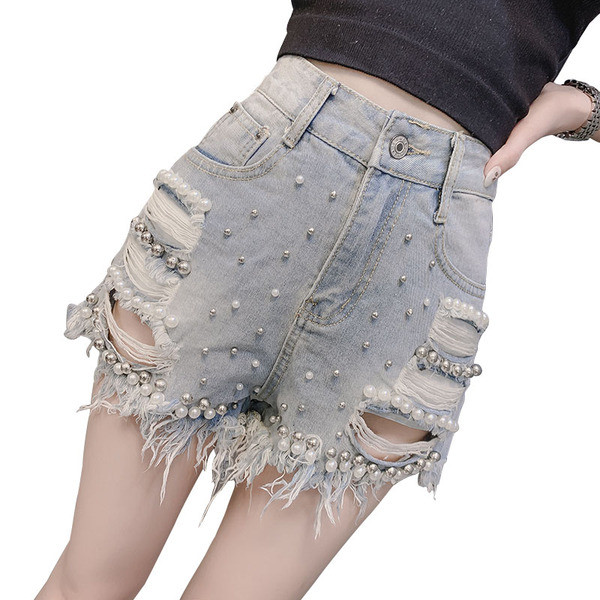 Pantaloni scurți topici de damă cu talie înaltă și perle decorative