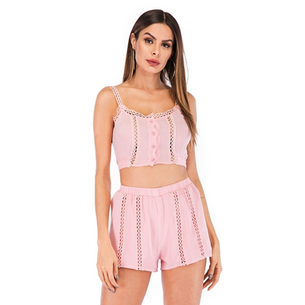 Set de vară pentru femei din două părți - maiou și pantaloni scurți roz