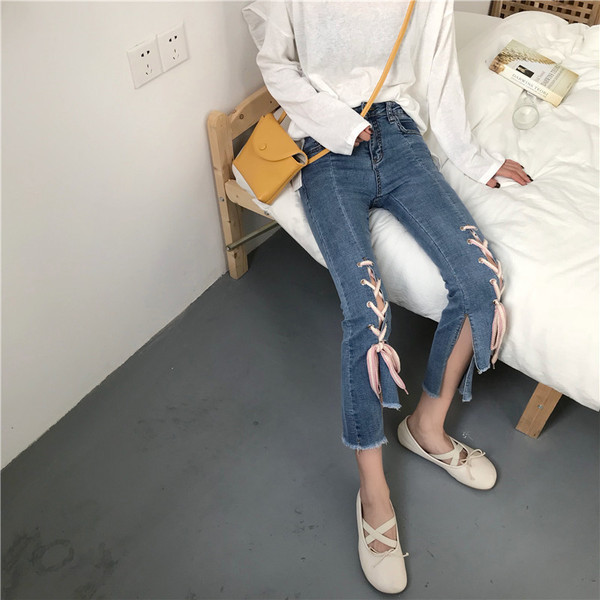 Blugi lungi de dama moderni cu sireturi