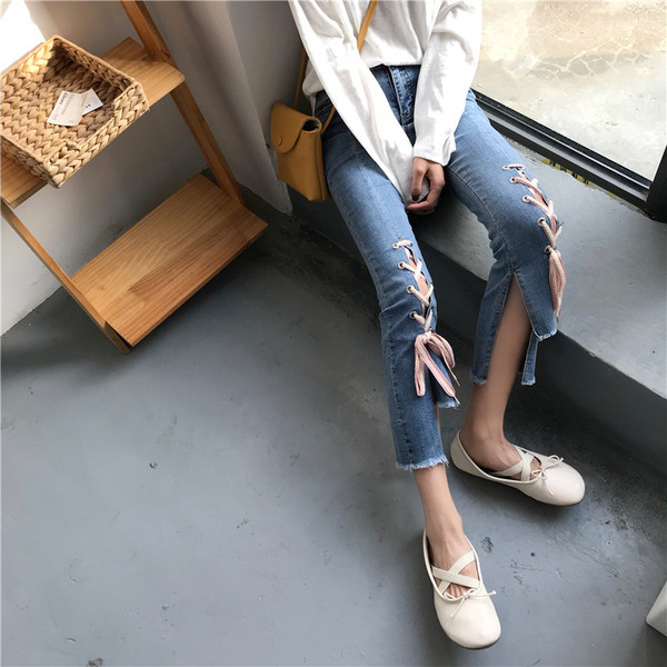 Blugi lungi de dama moderni cu sireturi