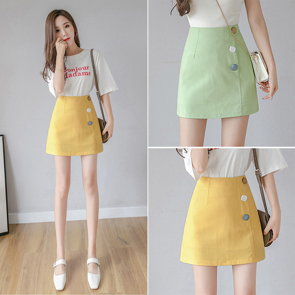 Fusta dama verde si galben cu nasturi