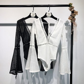 Body elegant de damă cu mâneci lungi lotus în alb-negru