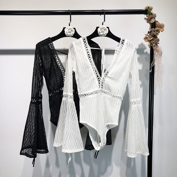 Body elegant de damă cu mâneci lungi lotus în alb-negru