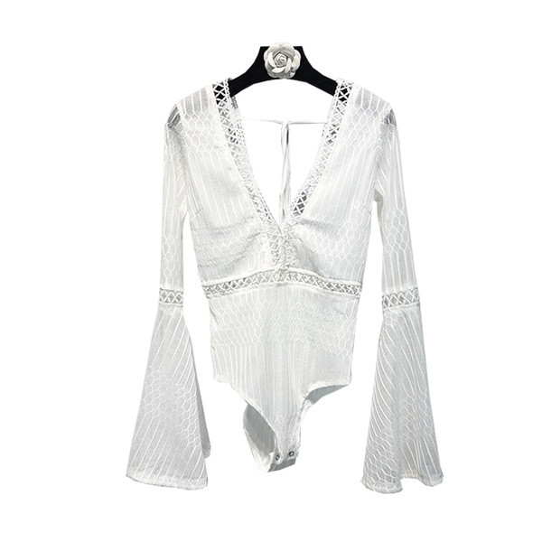 Body elegant de damă cu mâneci lungi lotus în alb-negru