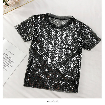 Tricou de dama transparent cu paiete in negru, alb si albastru