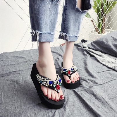 Papuci de dama cu platforma cu pietre colorate