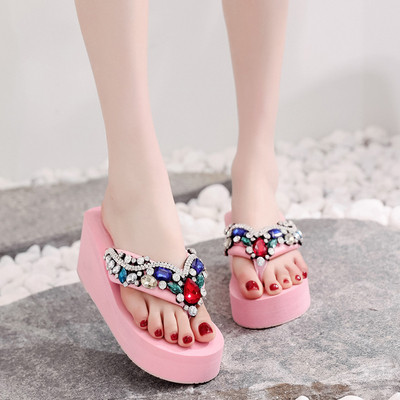 Papuci de dama cu platforma cu pietre colorate