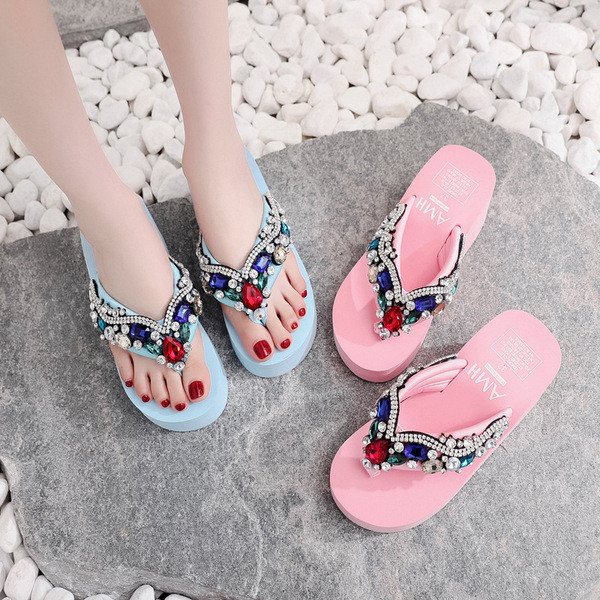 Papuci de dama cu platforma cu pietre colorate