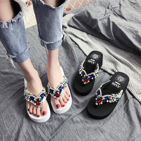 Papuci de dama cu platforma cu pietre colorate