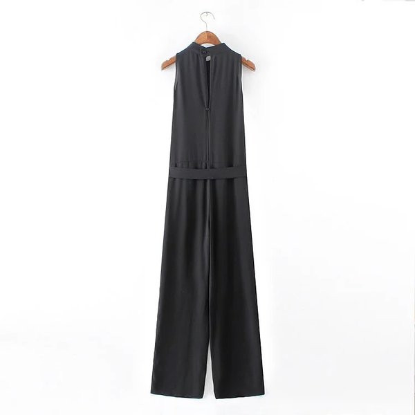 Μακρύ γυναικεία ολόσωμη φόρμα με ζώνες μέσης με μαύρο χρώμα