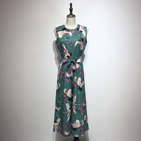 Salopetă lată de damă fără mâneci de culoare verde cu model