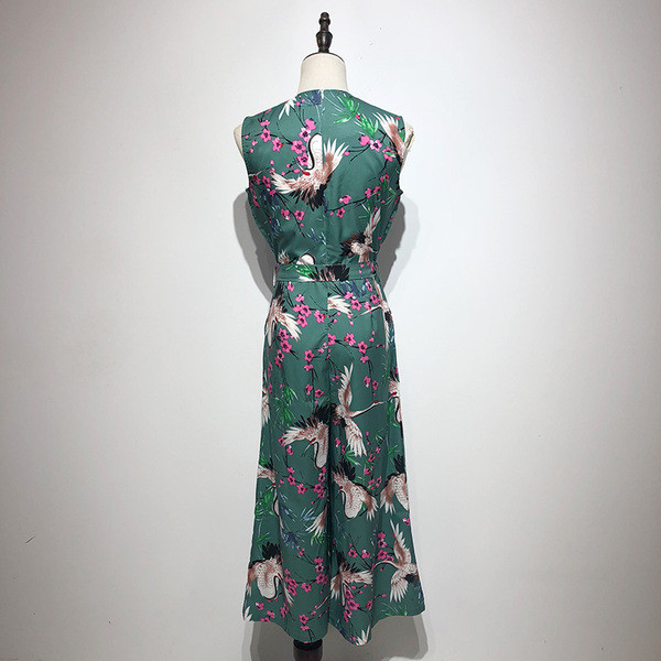 Salopetă lată de damă fără mâneci de culoare verde cu model