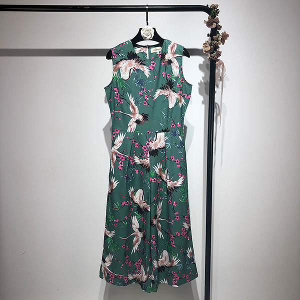 Salopetă lată de damă fără mâneci de culoare verde cu model