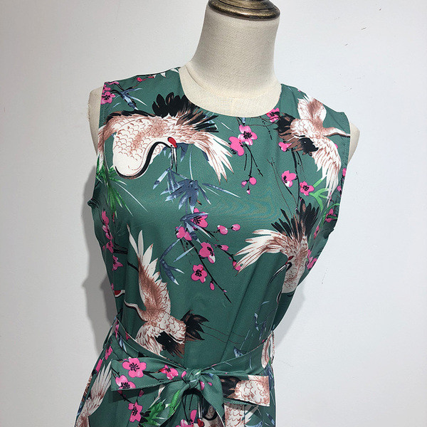 Salopetă lată de damă fără mâneci de culoare verde cu model