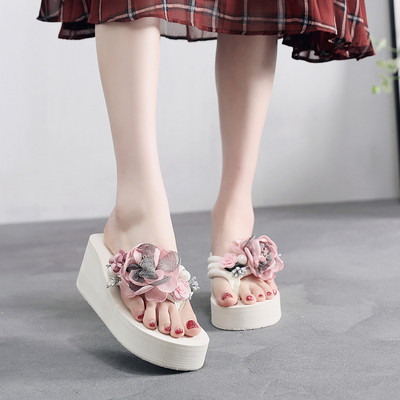 Papuci de damă cu platformă cu flori element 3D