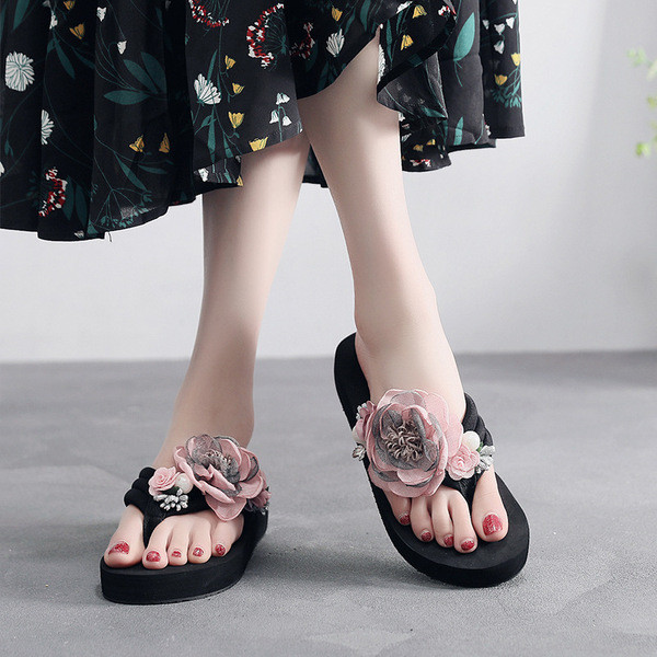 Papuci de damă cu platformă cu flori element 3D