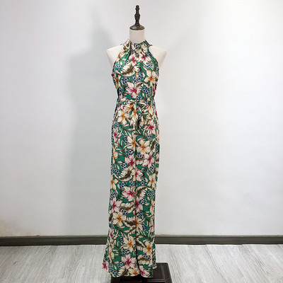 Salopetă lungă de damă, fără mâneci, cu model floral și cravată în talie