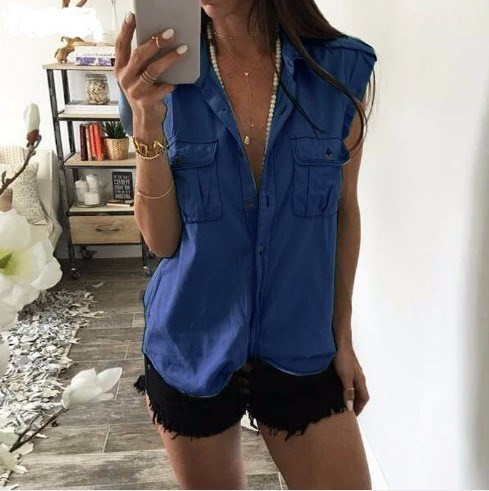 Camasa de dama model nou cu buzunare si nasturi in albastru