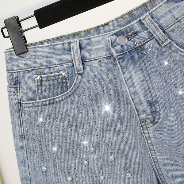 Blugi de dama moderni in albastru cu perle si pietre