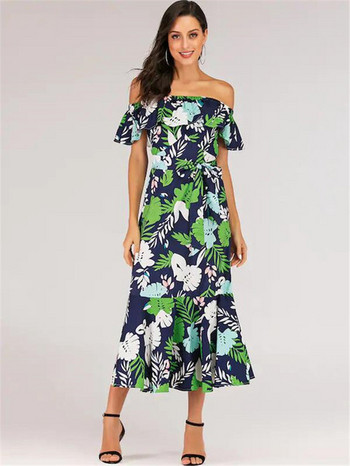 Rochie de dama cu model floral si umerii goi