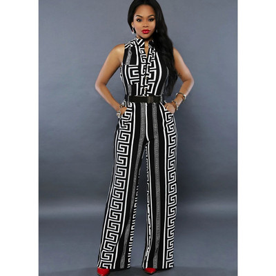 Κομψή γυναικεία ολόσωμη φόρμα με ζώνη σε άσπρο και μαύρο χρώμα