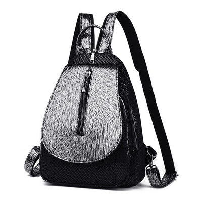 Rucsac zilnic de dama din piele ecologica de culoare negru si argintiu