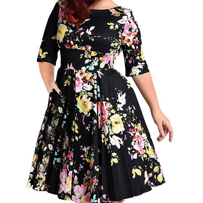 Rochie moderna de dama marime mare, maneci 3/4 si motive florale