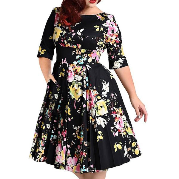 Rochie moderna de dama marime mare, maneci 3/4 si motive florale