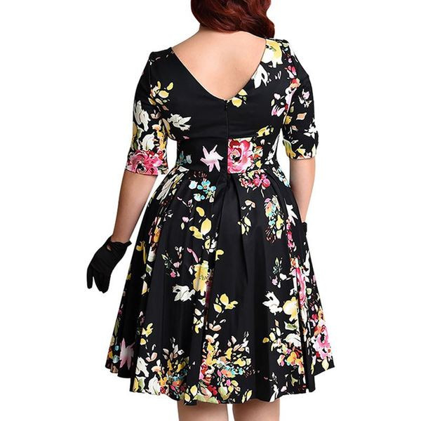 Rochie moderna de dama marime mare, maneci 3/4 si motive florale