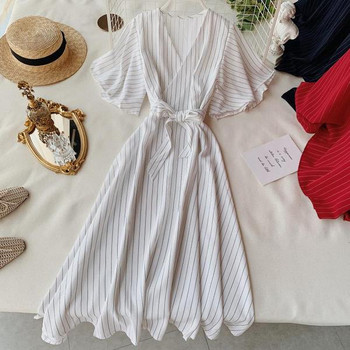 Rochie de dama in dungi cu decolteu in V in patru culori