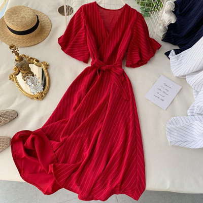 Rochie de dama in dungi cu decolteu in V in patru culori