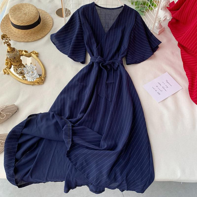 Rochie de dama in dungi cu decolteu in V in patru culori