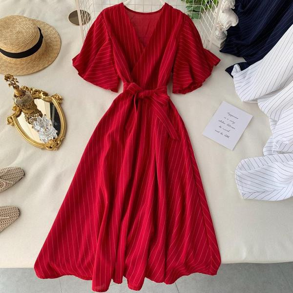 Rochie de dama in dungi cu decolteu in V in patru culori