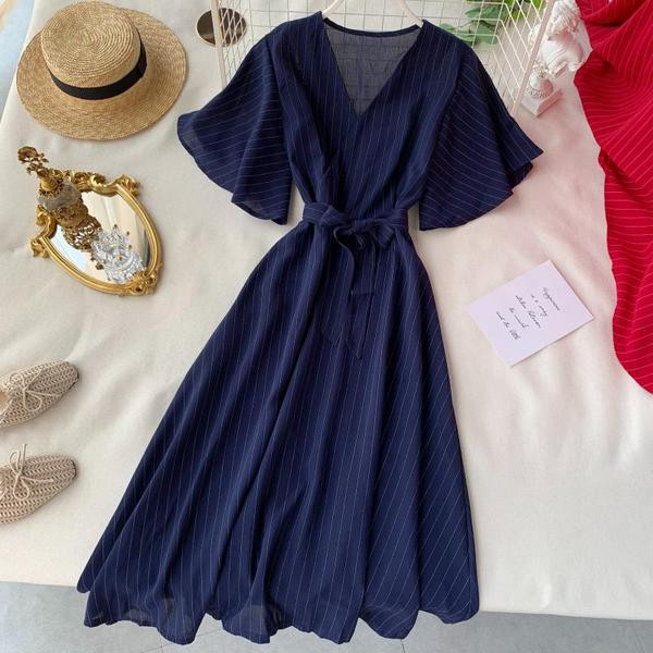 Rochie de dama in dungi cu decolteu in V in patru culori