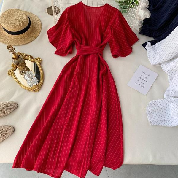 Rochie de dama in dungi cu decolteu in V in patru culori