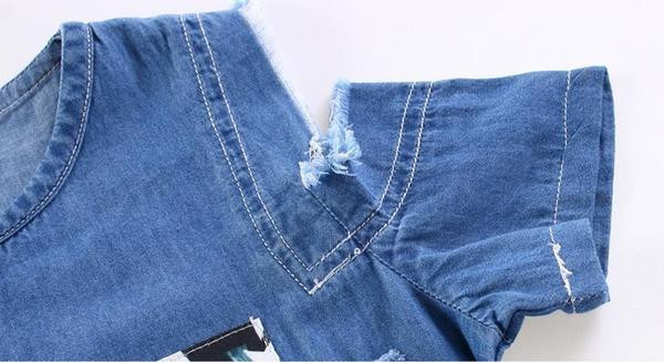 Rochie modernă pentru copii din denim cu umerii goi