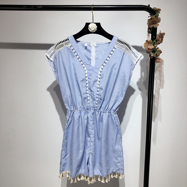 Salopeta dama in dungi cu talie elastica si franjuri