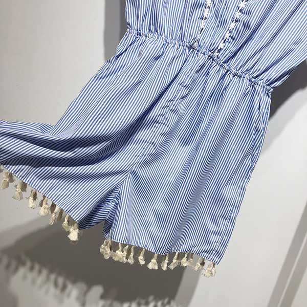 Salopeta dama in dungi cu talie elastica si franjuri