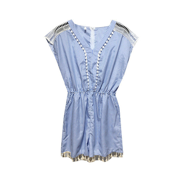 Salopeta dama in dungi cu talie elastica si franjuri