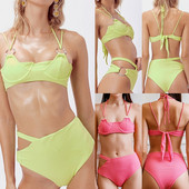 Costum de baie modern din două piese cu pantaloni cu talie înaltă în galben și roz