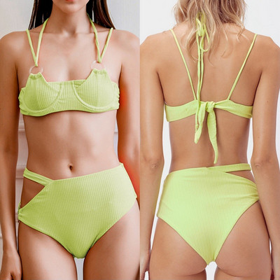 Costum de baie modern din două piese cu pantaloni cu talie înaltă în galben și roz