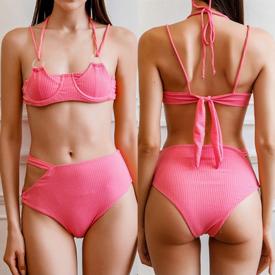 Costum de baie modern din două piese cu pantaloni cu talie înaltă în galben și roz