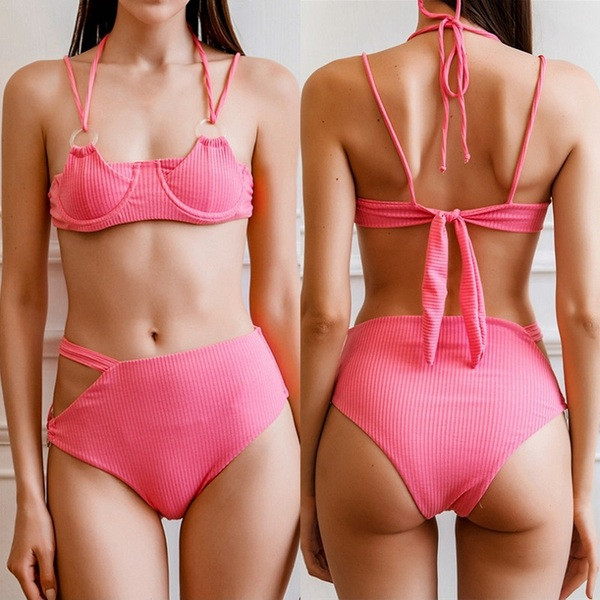 Costum de baie modern din două piese cu pantaloni cu talie înaltă în galben și roz