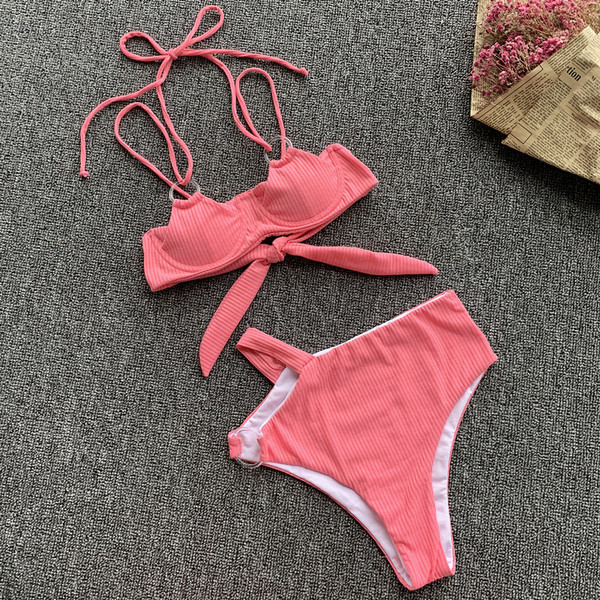 Costum de baie modern din două piese cu pantaloni cu talie înaltă în galben și roz