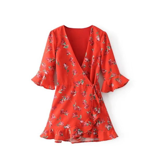 Salopetă cu decolteu adânc în V și mâneci lotus în roșu cu model